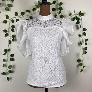 NWT JJ’s Fairyland princess lace puff sleeve blouse white sheer high neck glam
